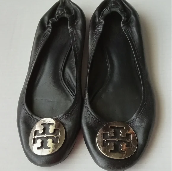 🩷💚⚜️Tory Burch⚜️🩷Black Ballet Flats Double T Signature Leather Shoe Size 8.5 - Picture 10 of 11